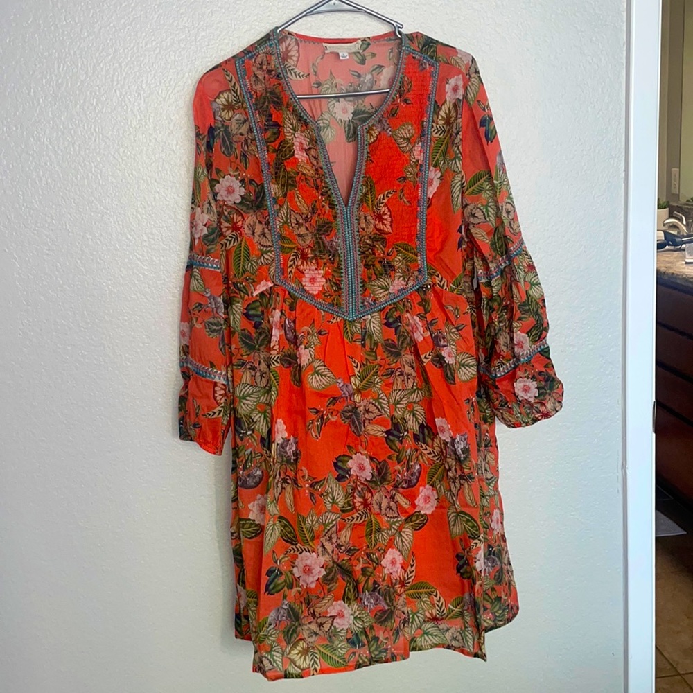 Johnny Was Workshop long sleeve dress. Multi color. Size Large w/ a orange slip.